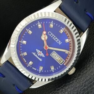 Vintage 1986 Citizen Automatic Mens Silver Watch W/daydate & Blue accents